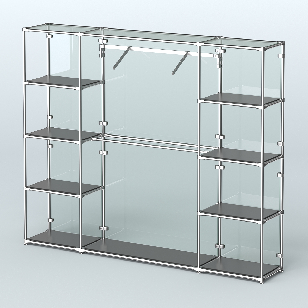 Торговая система ХРОМ (задняя стенка - стекло) 2430 мм с полками ДСП и поручнями №11 Черный