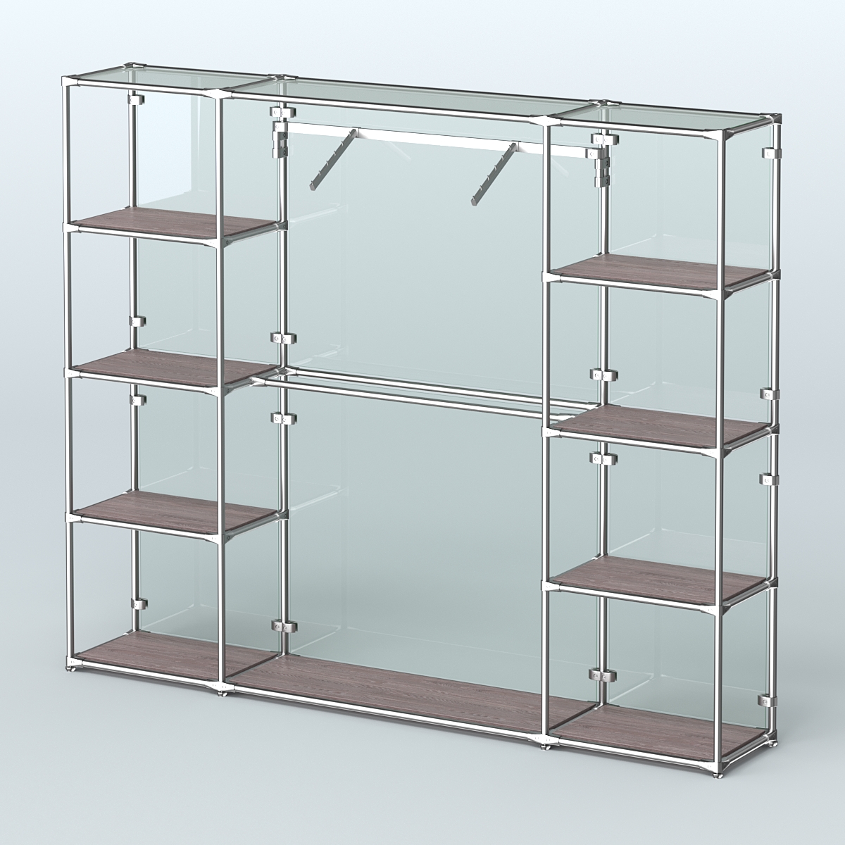 Торговая система ХРОМ (задняя стенка - стекло) 2430 мм с полками ДСП и поручнями №11 Ясень Анкор темный