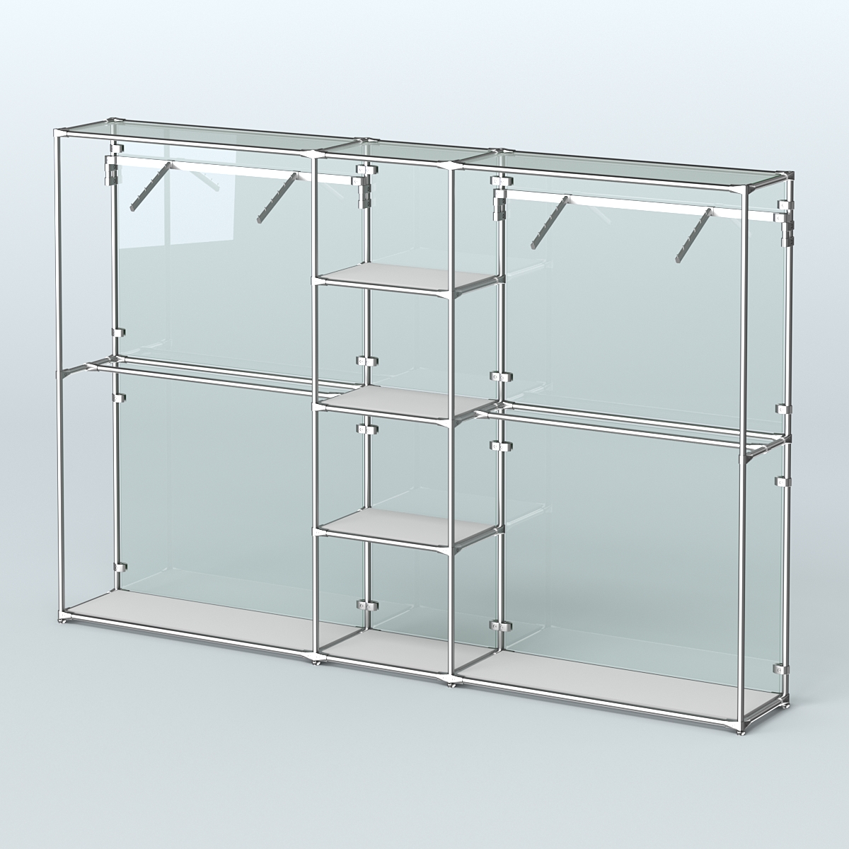 Торговая система ХРОМ (задняя стенка - стекло) 3030 мм с полками ДСП и поручнями №12 Серый