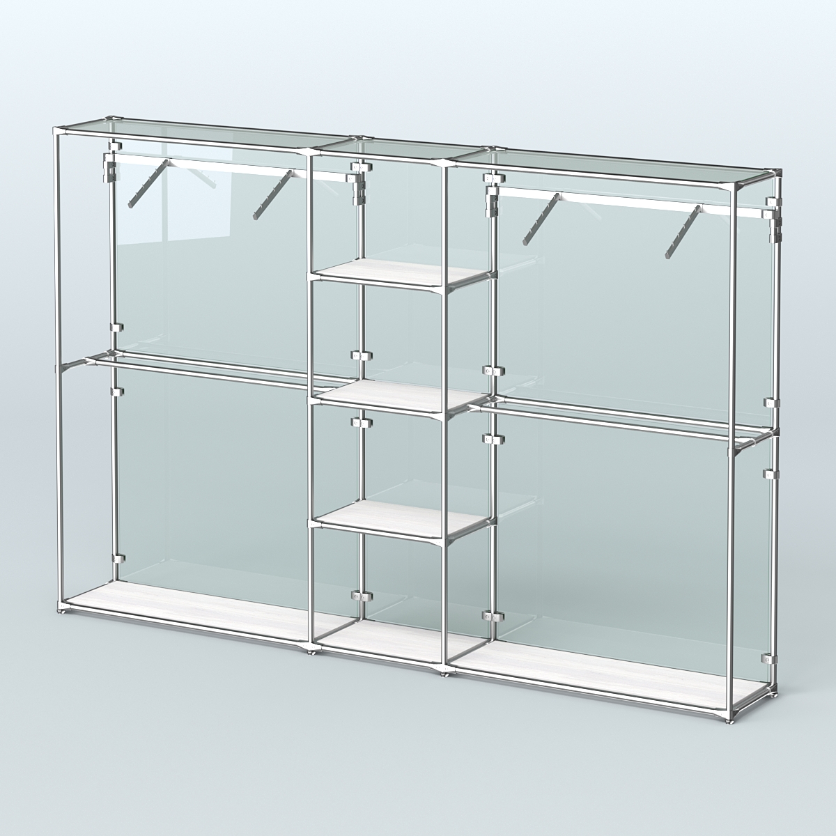 Торговая система ХРОМ (задняя стенка - стекло) 3030 мм с полками ДСП и поручнями №12 Ясень Анкор светлый