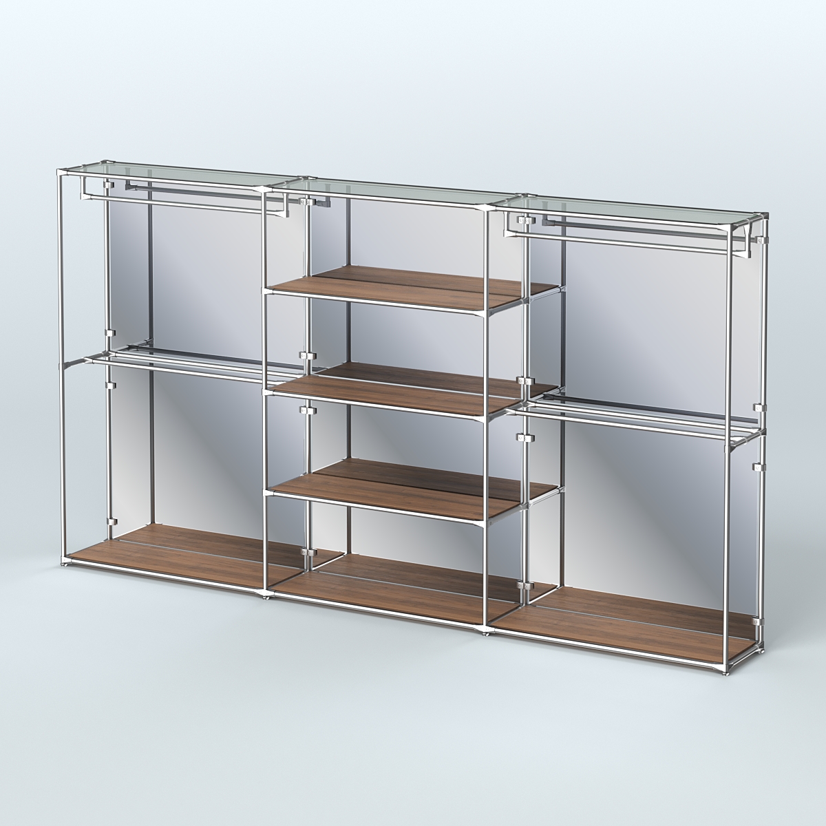 Торговая система ХРОМ (задняя стенка - зеркало) 3600 мм с полками ДСП и поручнями №2 Орех