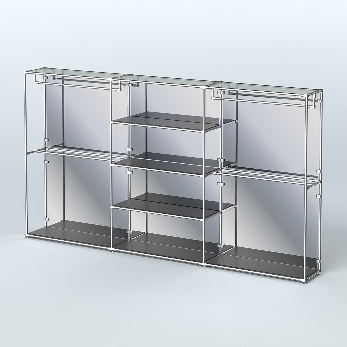 Торговая система ХРОМ (задняя стенка - зеркало) 3600 мм с полками ДСП и поручнями №2 Черный