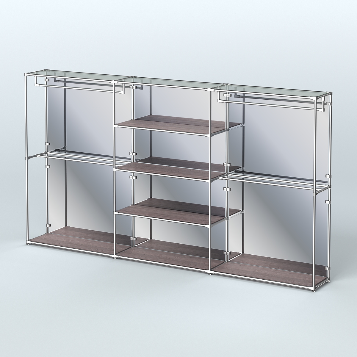 Торговая система ХРОМ (задняя стенка - зеркало) 3600 мм с полками ДСП и поручнями №2 Ясень Анкор темный