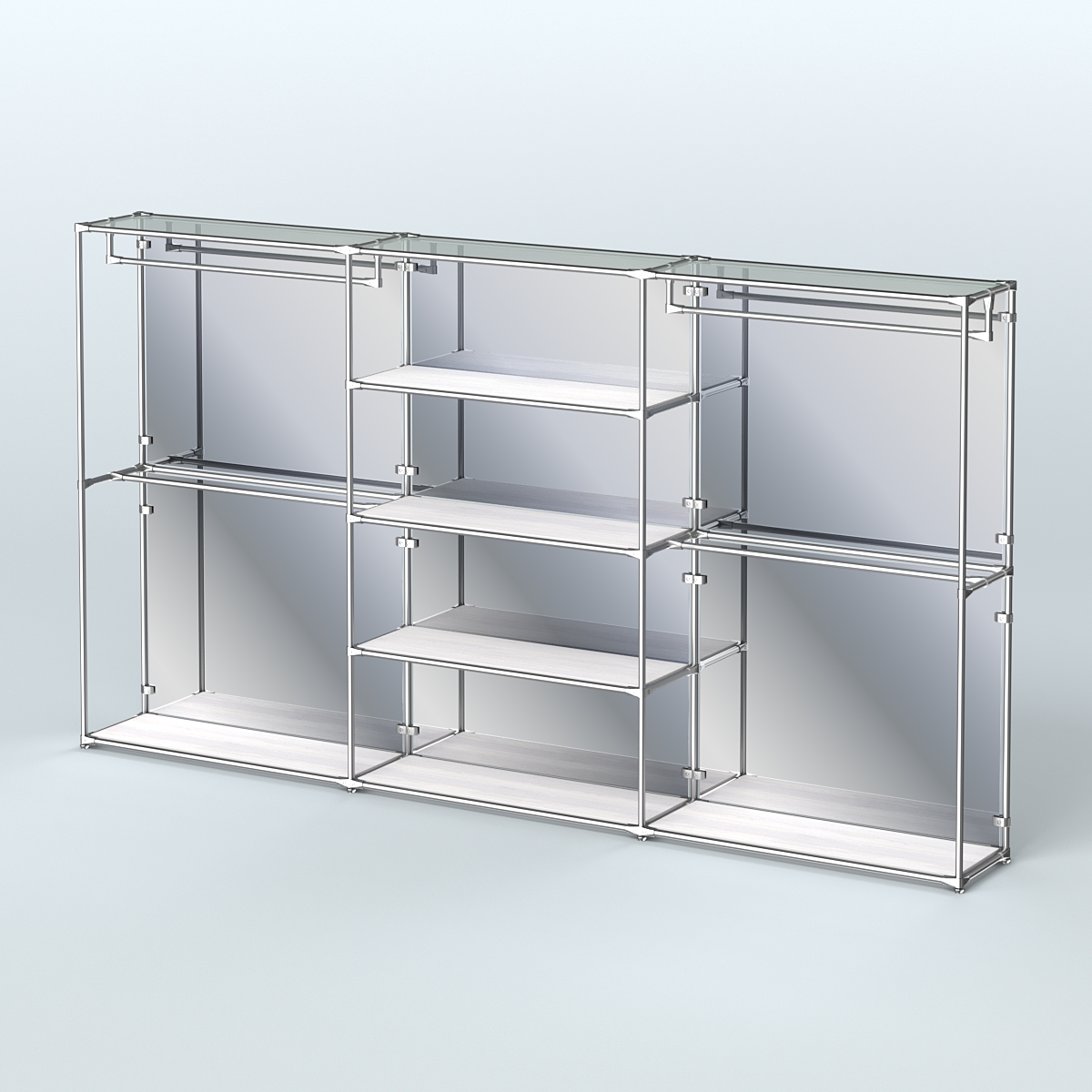 Торговая система ХРОМ (задняя стенка - зеркало) 3600 мм с полками ДСП и поручнями №2 Ясень Анкор светлый