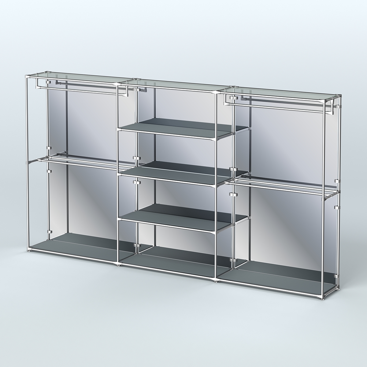 Торговая система ХРОМ (задняя стенка - зеркало) 3600 мм с полками ДСП и поручнями №2 Темно-Серый