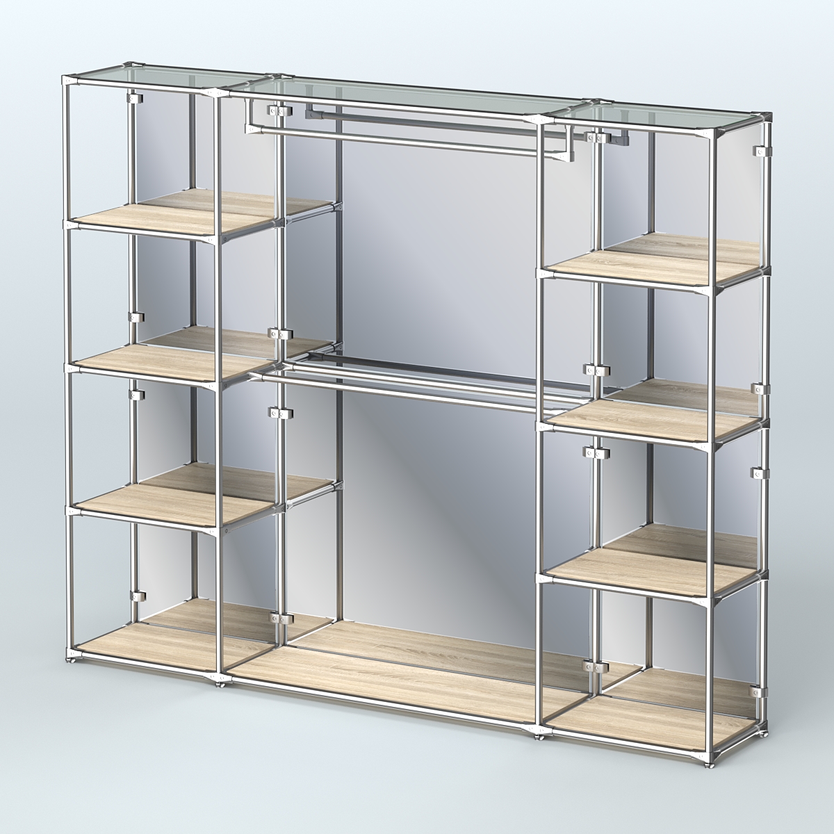 Торговая система ХРОМ (задняя стенка - зеркало) 2430 мм с полками ДСП и поручнями №3 Дуб Сонома