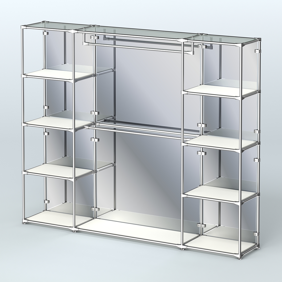 Торговая система ХРОМ (задняя стенка - зеркало) 2430 мм с полками ДСП и поручнями №3 Белый