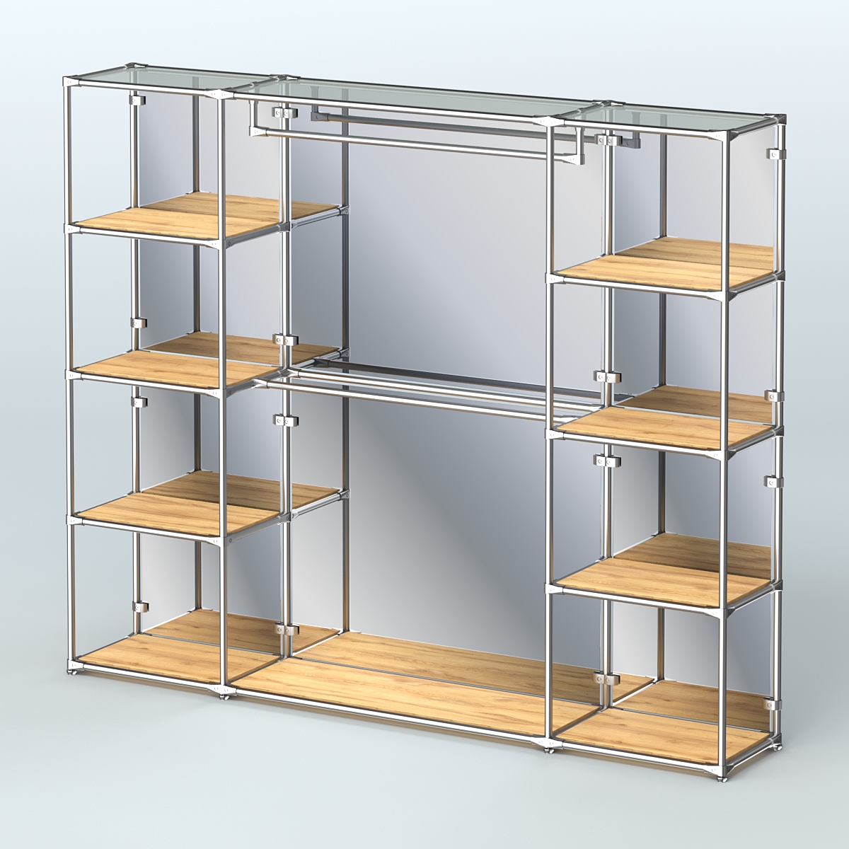 Торговая система ХРОМ (задняя стенка - зеркало) 2430 мм с полками ДСП и поручнями №3 Дуб Золотистый