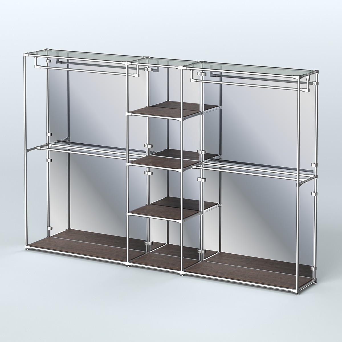 Торговая система ХРОМ (задняя стенка - зеркало) 3030 мм с полками ДСП и поручнями №4 Дуб Венге