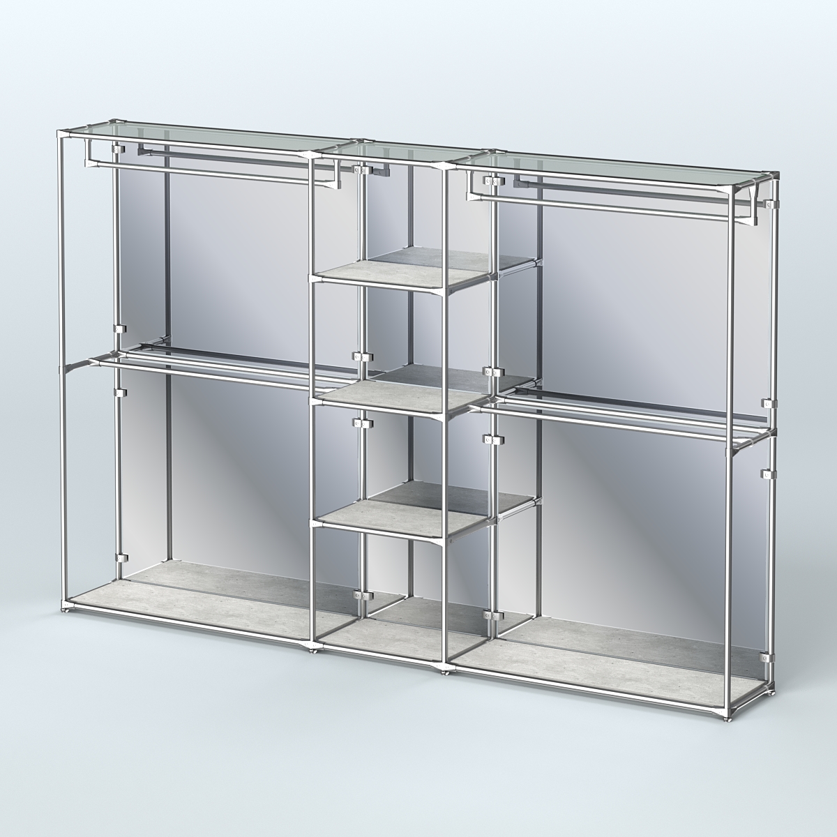 Торговая система ХРОМ (задняя стенка - зеркало) 3030 мм с полками ДСП и поручнями №4 Метрополитан Грей