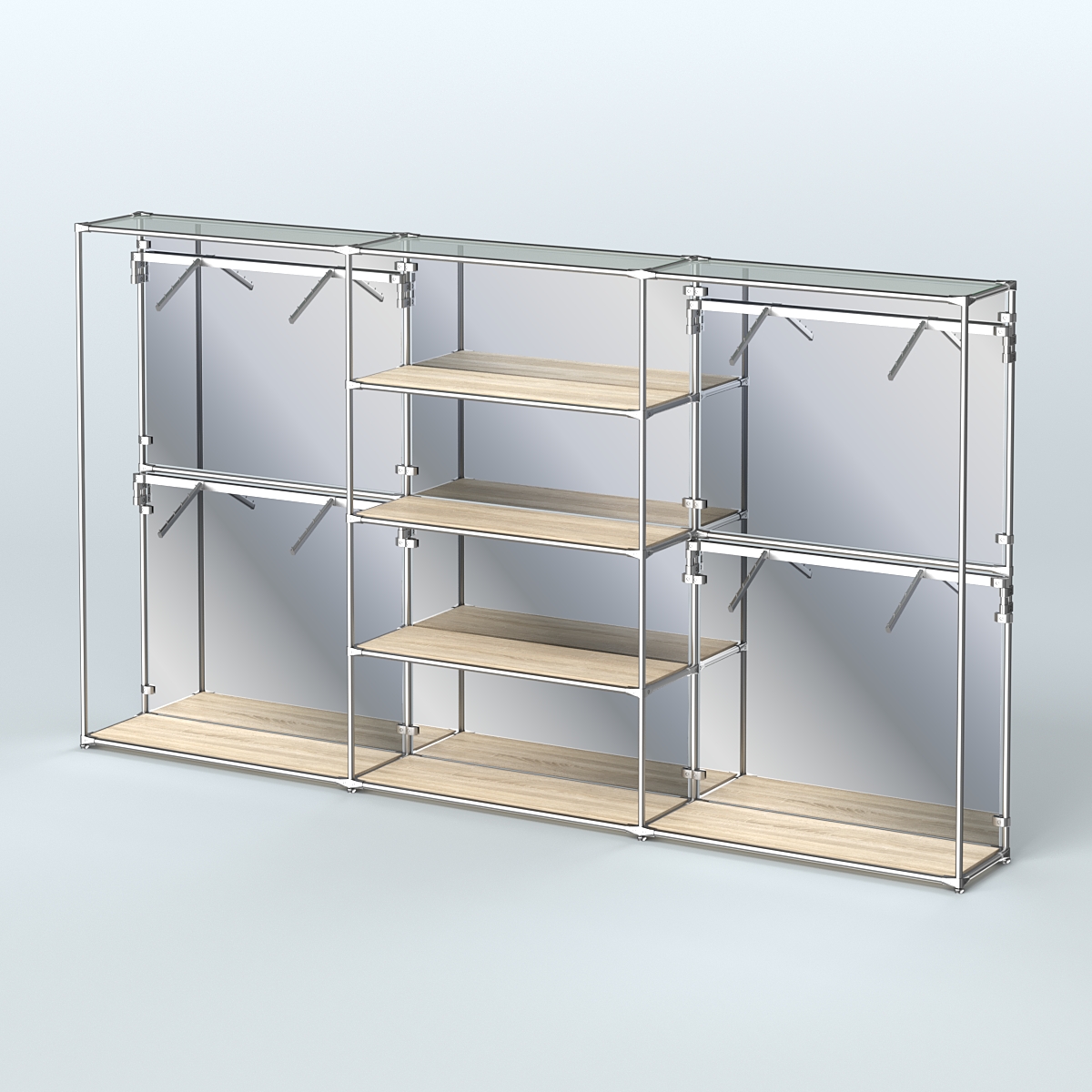 Торговая система ХРОМ (задняя стенка - зеркало) 3600 мм с полками ДСП и поручнями №5 Дуб Сонома