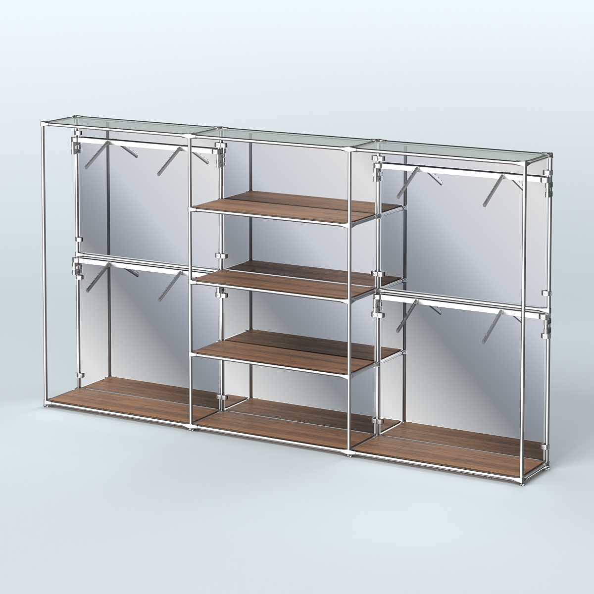 Торговая система ХРОМ (задняя стенка - зеркало) 3600 мм с полками ДСП и поручнями №5 Орех