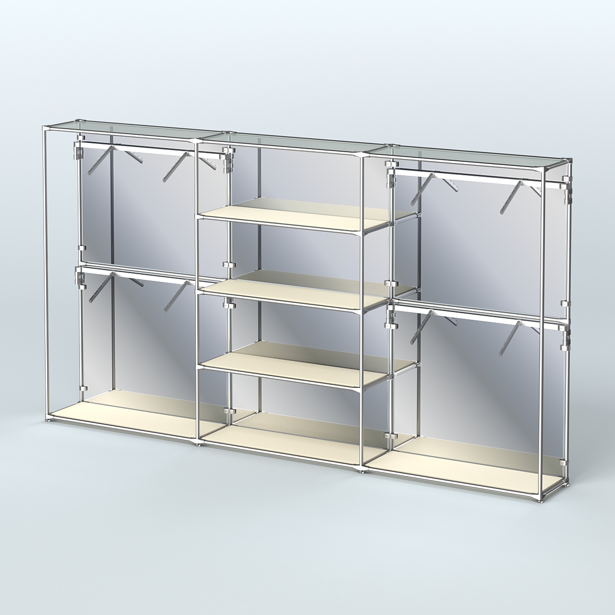 Торговая система ХРОМ (задняя стенка - зеркало) 3600 мм с полками ДСП и поручнями №5 Крем Вайс