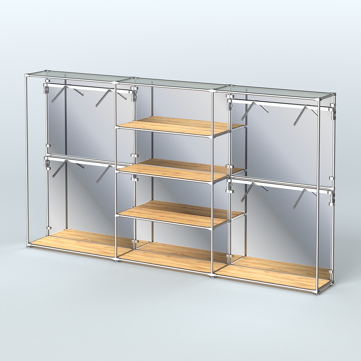 Торговая система ХРОМ (задняя стенка - зеркало) 3600 мм с полками ДСП и поручнями №5 Дуб Золотистый