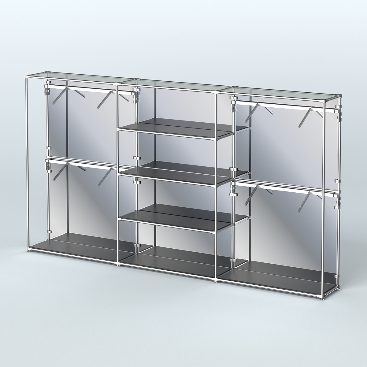 Торговая система ХРОМ (задняя стенка - зеркало) 3600 мм с полками ДСП и поручнями №5 Черный