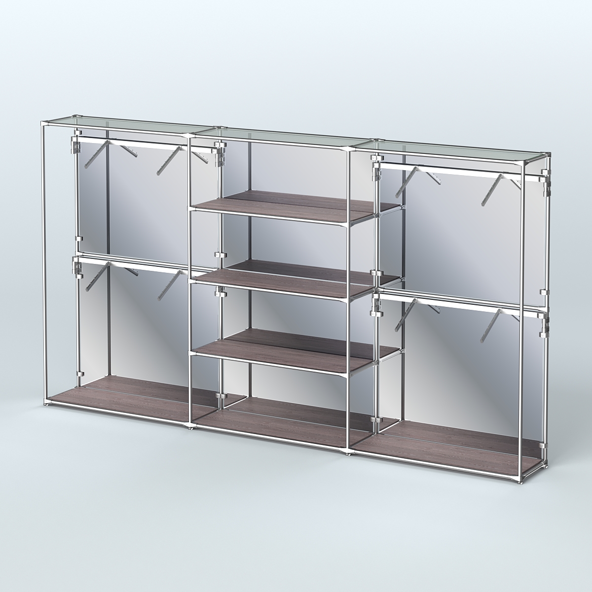 Торговая система ХРОМ (задняя стенка - зеркало) 3600 мм с полками ДСП и поручнями №5 Ясень Анкор темный