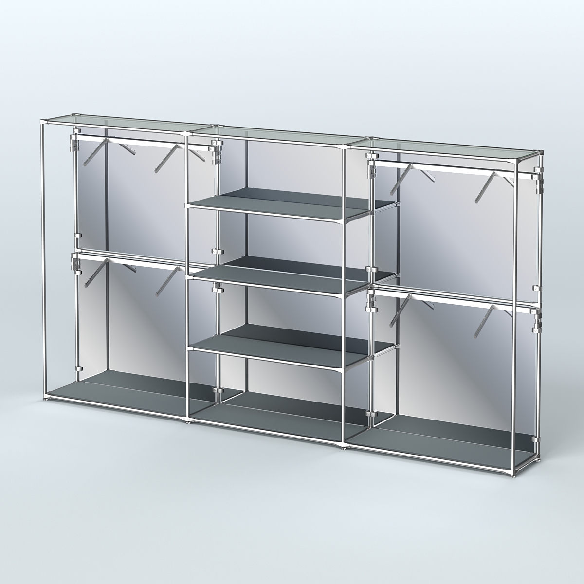 Торговая система ХРОМ (задняя стенка - зеркало) 3600 мм с полками ДСП и поручнями №5 Темно-Серый