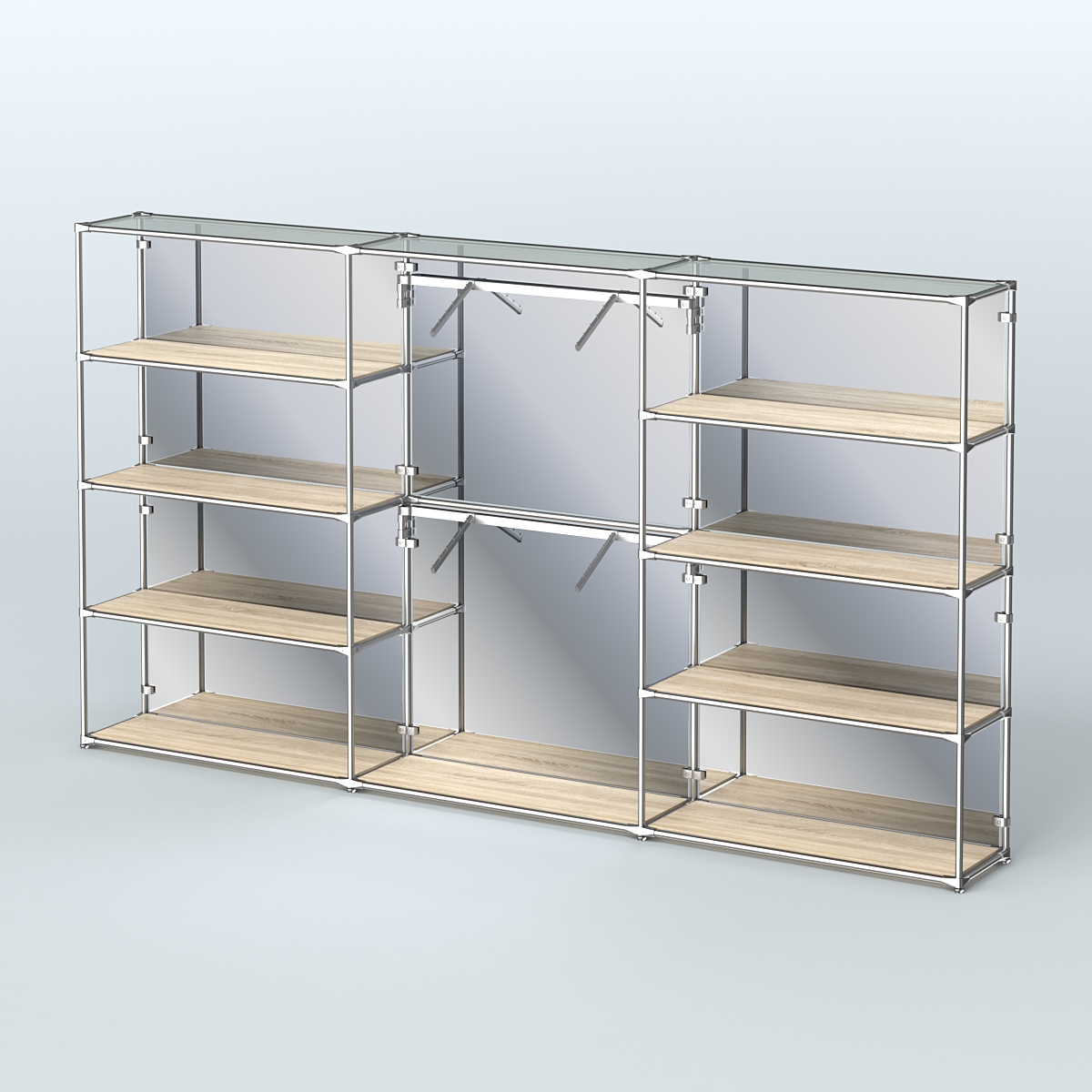 Торговая система ХРОМ (задняя стенка - зеркало) 3600 мм с полками ДСП и поручнями №6 Дуб Сонома