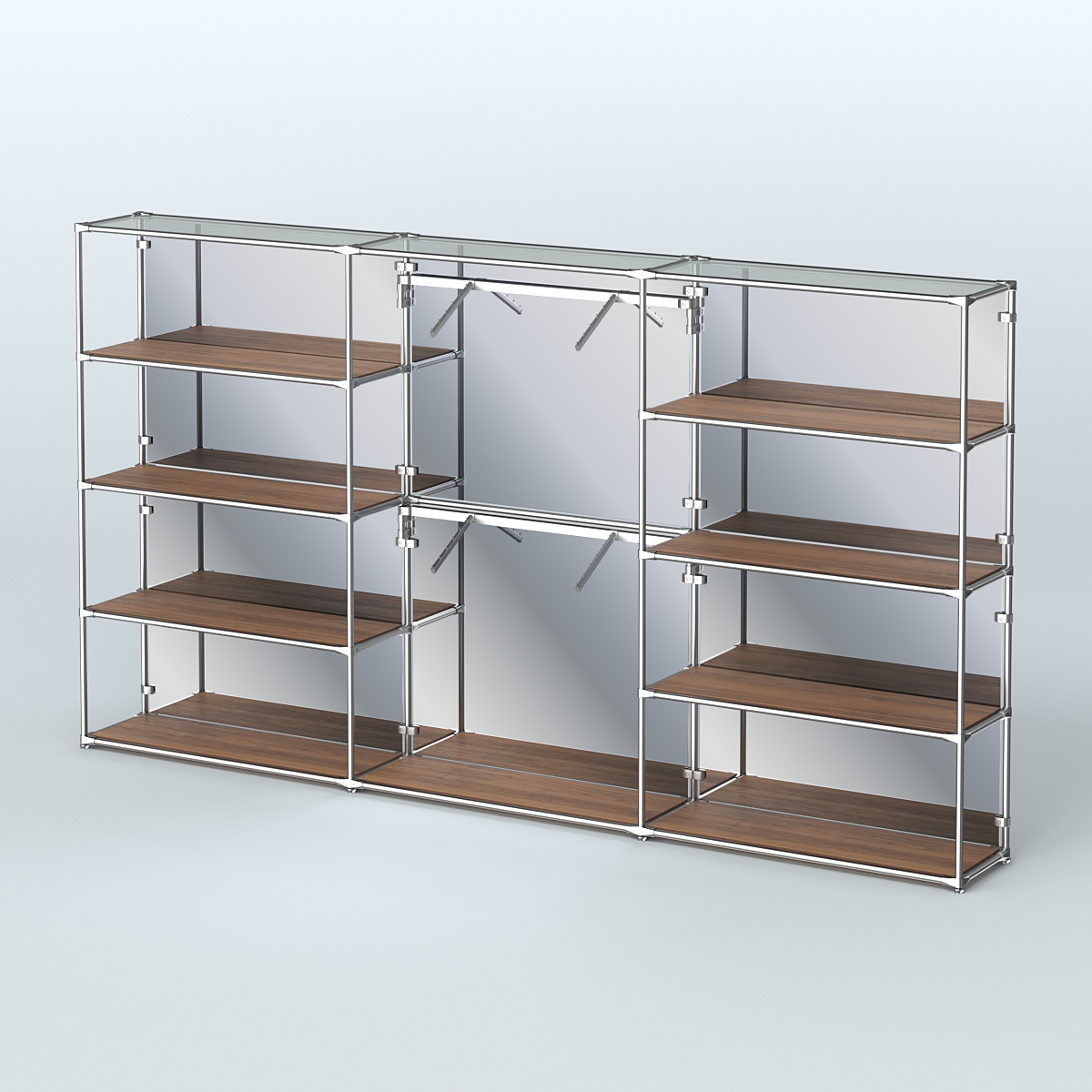 Торговая система ХРОМ (задняя стенка - зеркало) 3600 мм с полками ДСП и поручнями №6 Орех