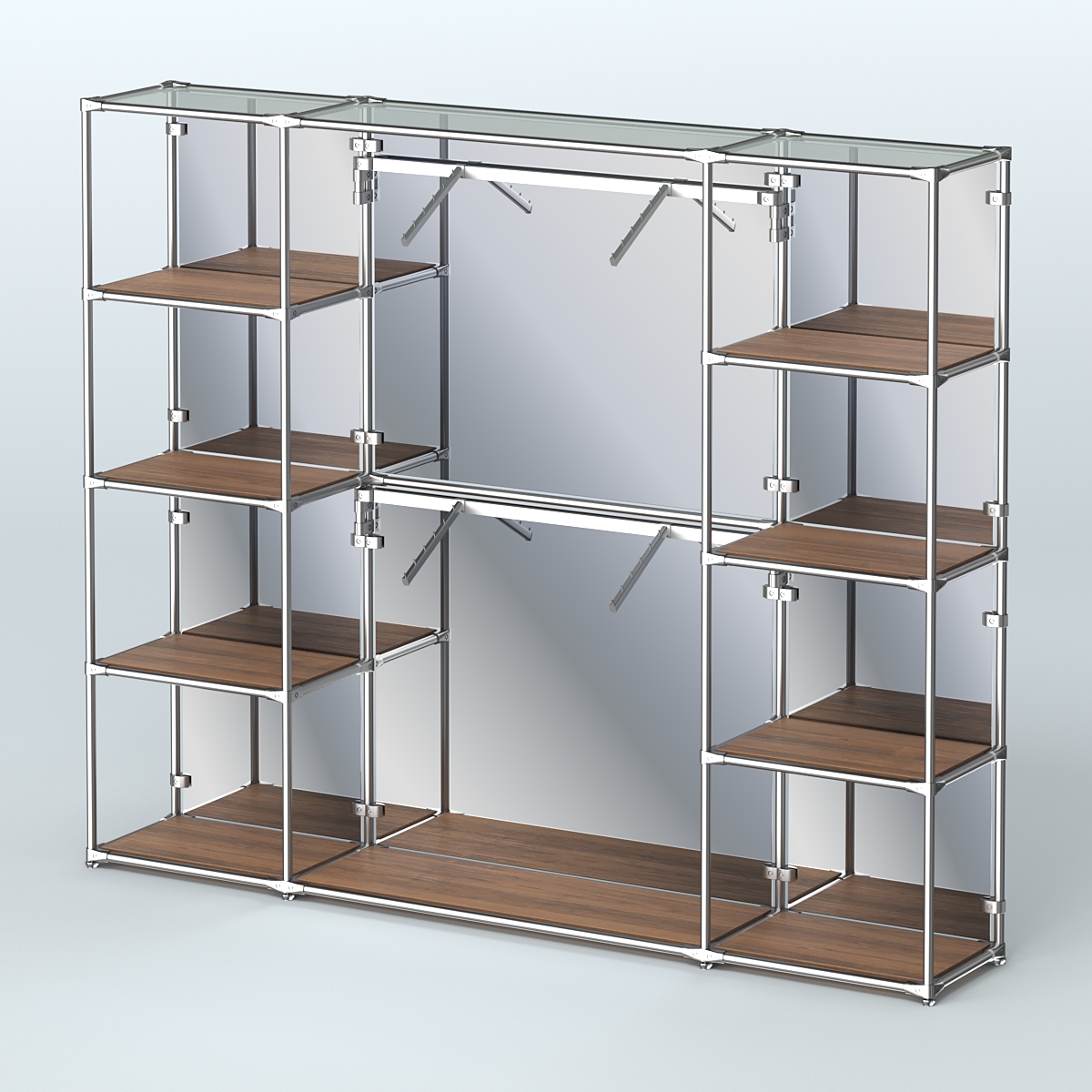 Торговая система ХРОМ (задняя стенка - зеркало) 2430 мм с полками ДСП и поручнями №7 Орех
