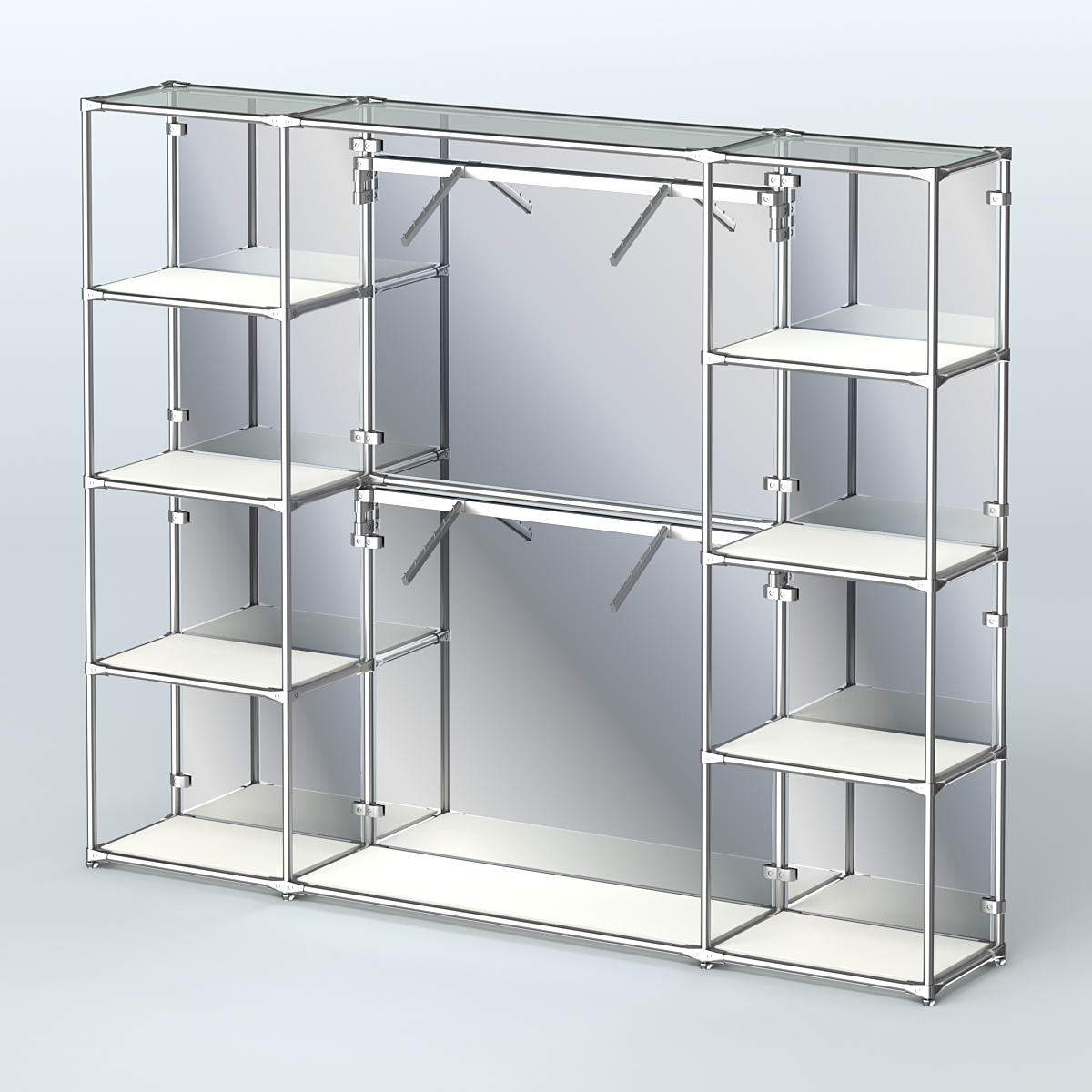 Торговая система ХРОМ (задняя стенка - зеркало) 2430 мм с полками ДСП и поручнями №7 Белый