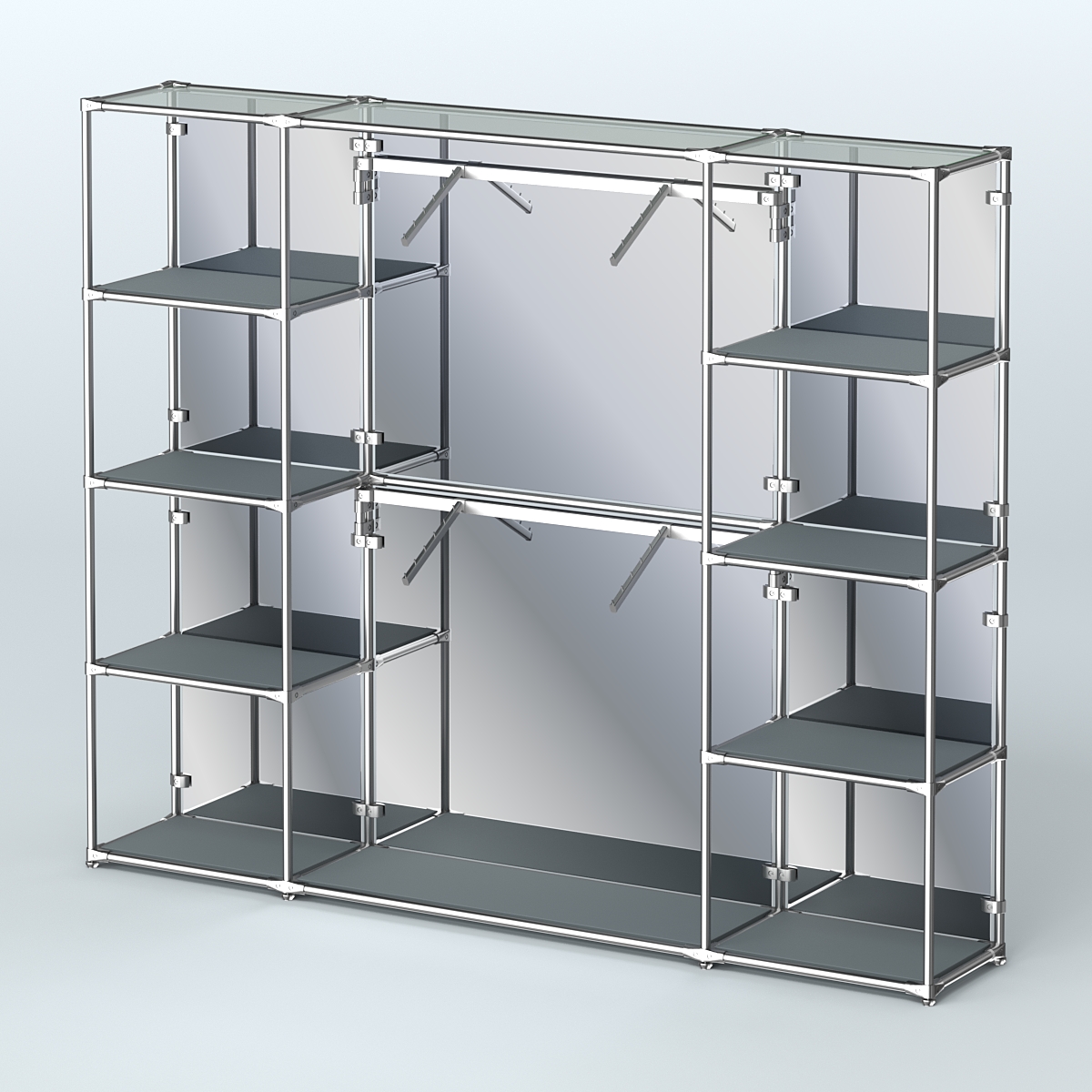 Торговая система ХРОМ (задняя стенка - зеркало) 2430 мм с полками ДСП и поручнями №7 Темно-Серый