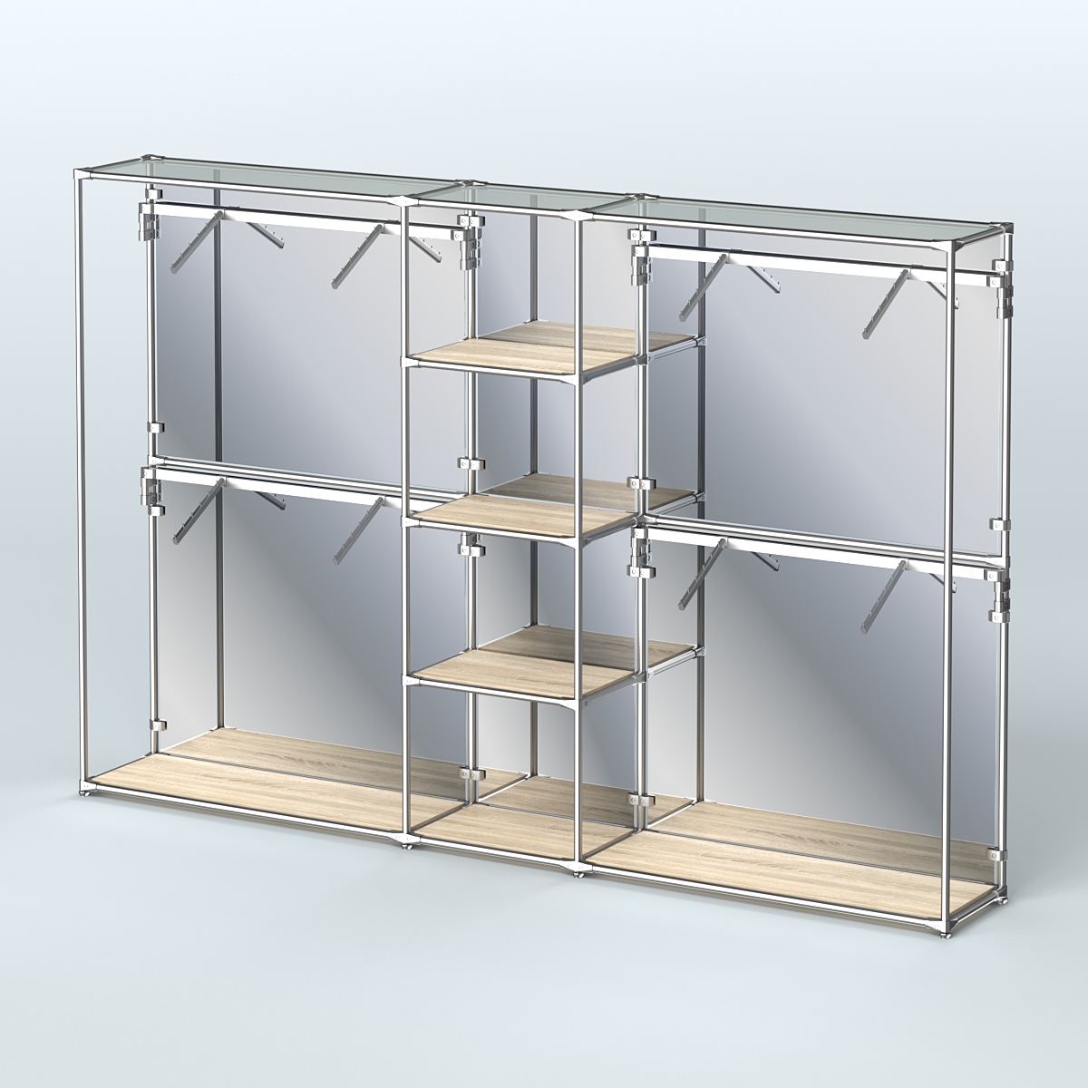 Торговая система ХРОМ (задняя стенка - зеркало) 3030 мм с полками ДСП и поручнями №8 Дуб Сонома