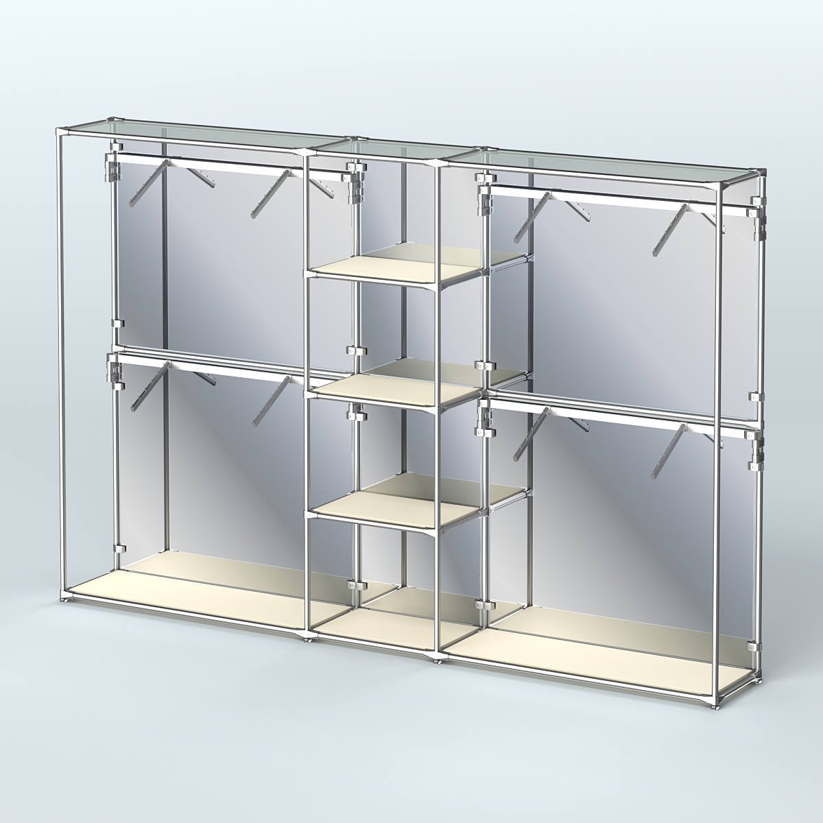 Торговая система ХРОМ (задняя стенка - зеркало) 3030 мм с полками ДСП и поручнями №8 Крем Вайс