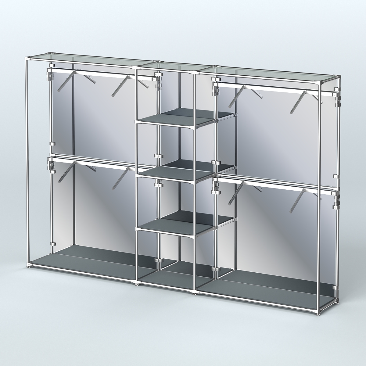 Торговая система ХРОМ (задняя стенка - зеркало) 3030 мм с полками ДСП и поручнями №8 Темно-Серый