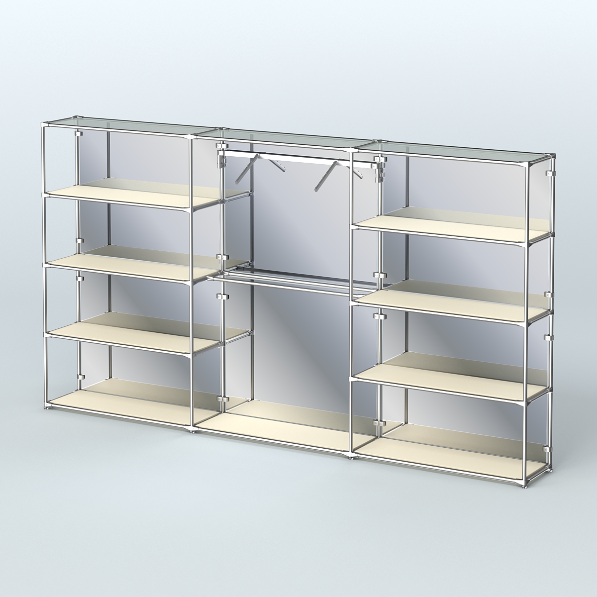 Торговая система ХРОМ (задняя стенка - зеркало) 3600 мм с полками ДСП и поручнями №9 Крем Вайс