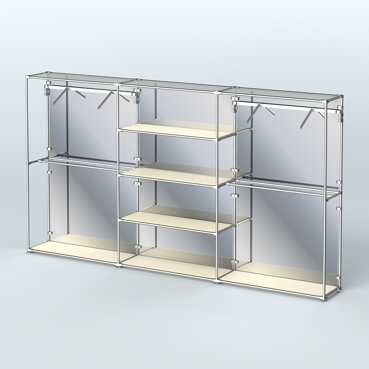 Торговая система ХРОМ (задняя стенка - зеркало) 3600 мм с полками ДСП и поручнями №10 Крем Вайс