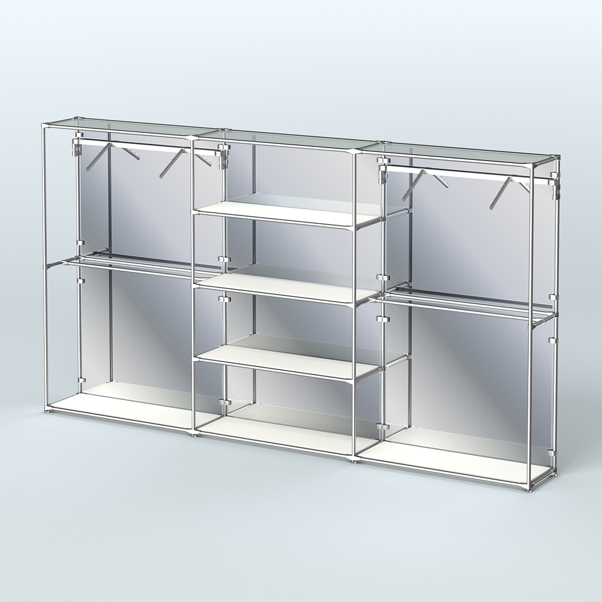 Торговая система ХРОМ (задняя стенка - зеркало) 3600 мм с полками ДСП и поручнями №10 Белый