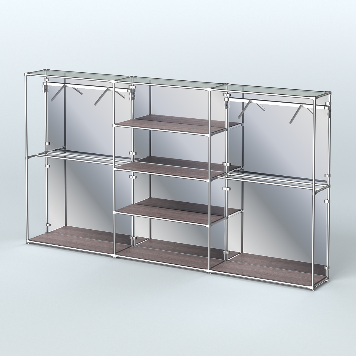 Торговая система ХРОМ (задняя стенка - зеркало) 3600 мм с полками ДСП и поручнями №10 Ясень Анкор темный