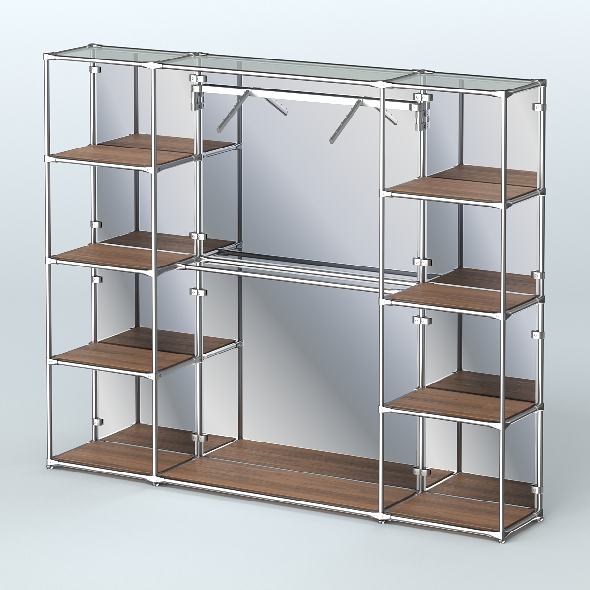 Торговая система ХРОМ (задняя стенка - зеркало) 2430 мм с полками ДСП и поручнями №11 Орех