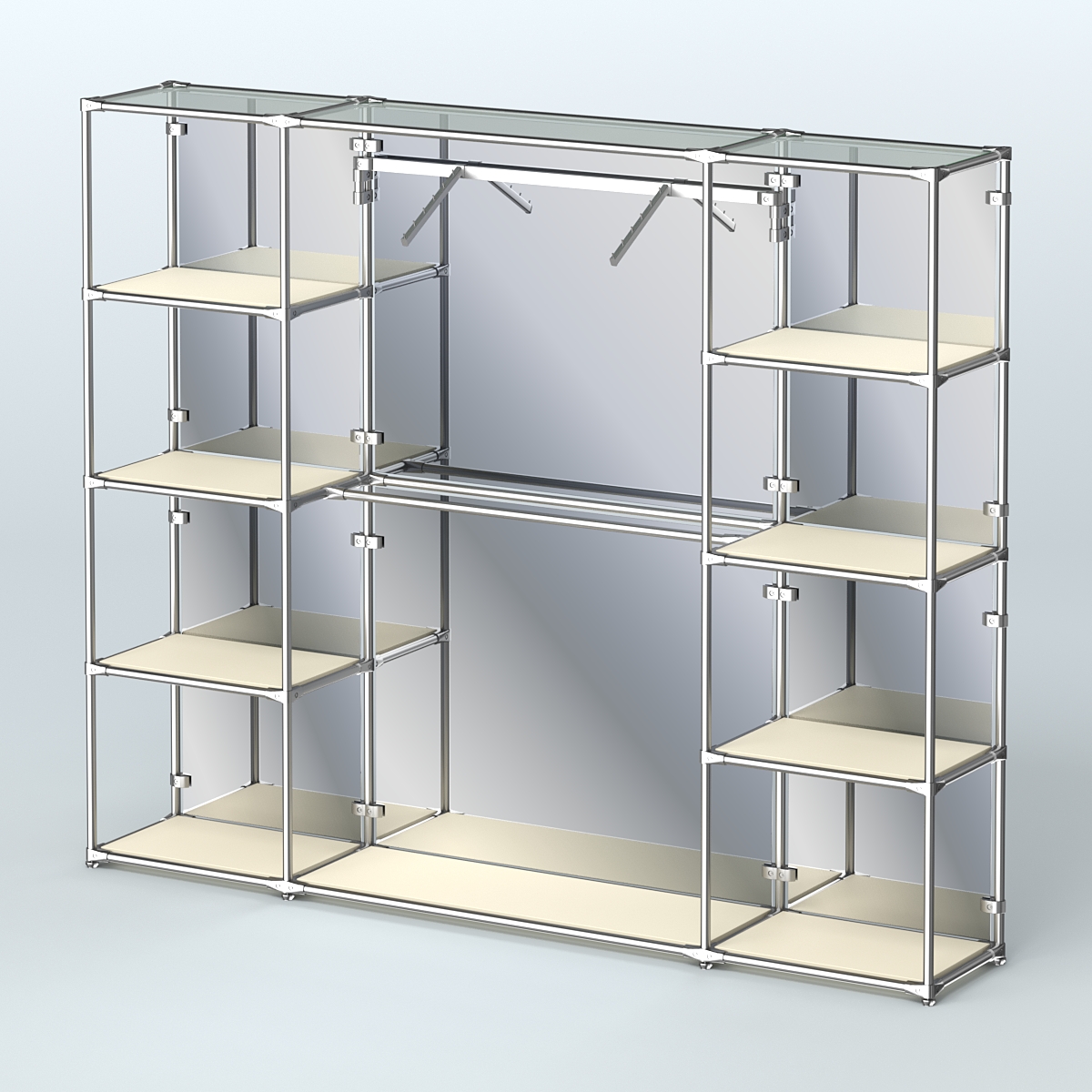 Торговая система ХРОМ (задняя стенка - зеркало) 2430 мм с полками ДСП и поручнями №11 Крем Вайс