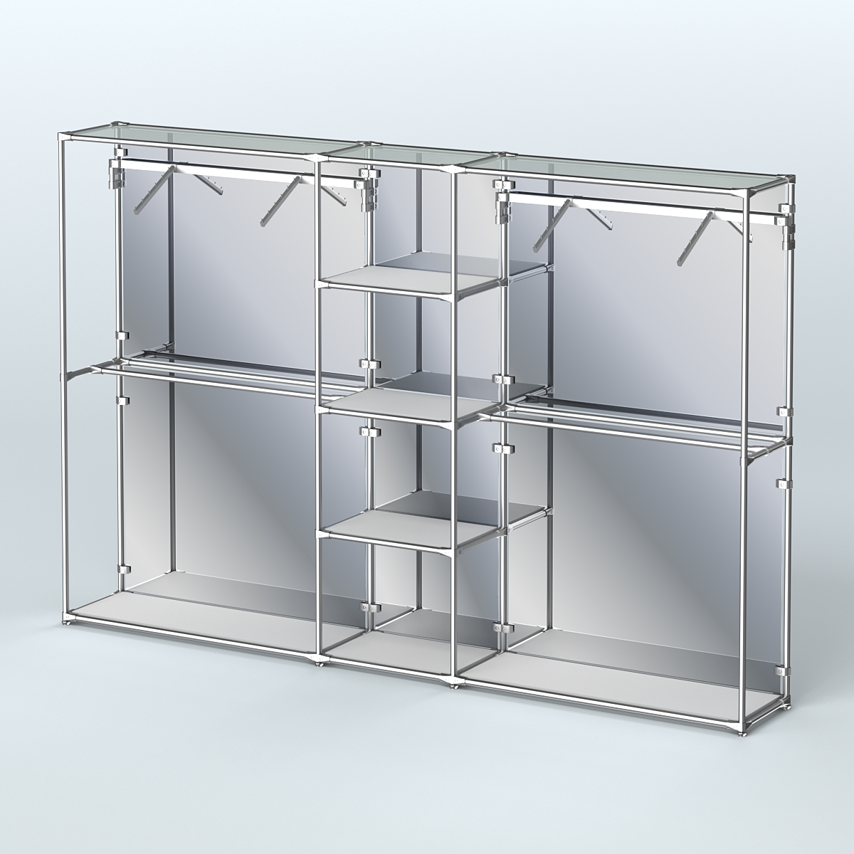 Торговая система ХРОМ (задняя стенка - зеркало) 3030 мм с полками ДСП и поручнями №12 Серый