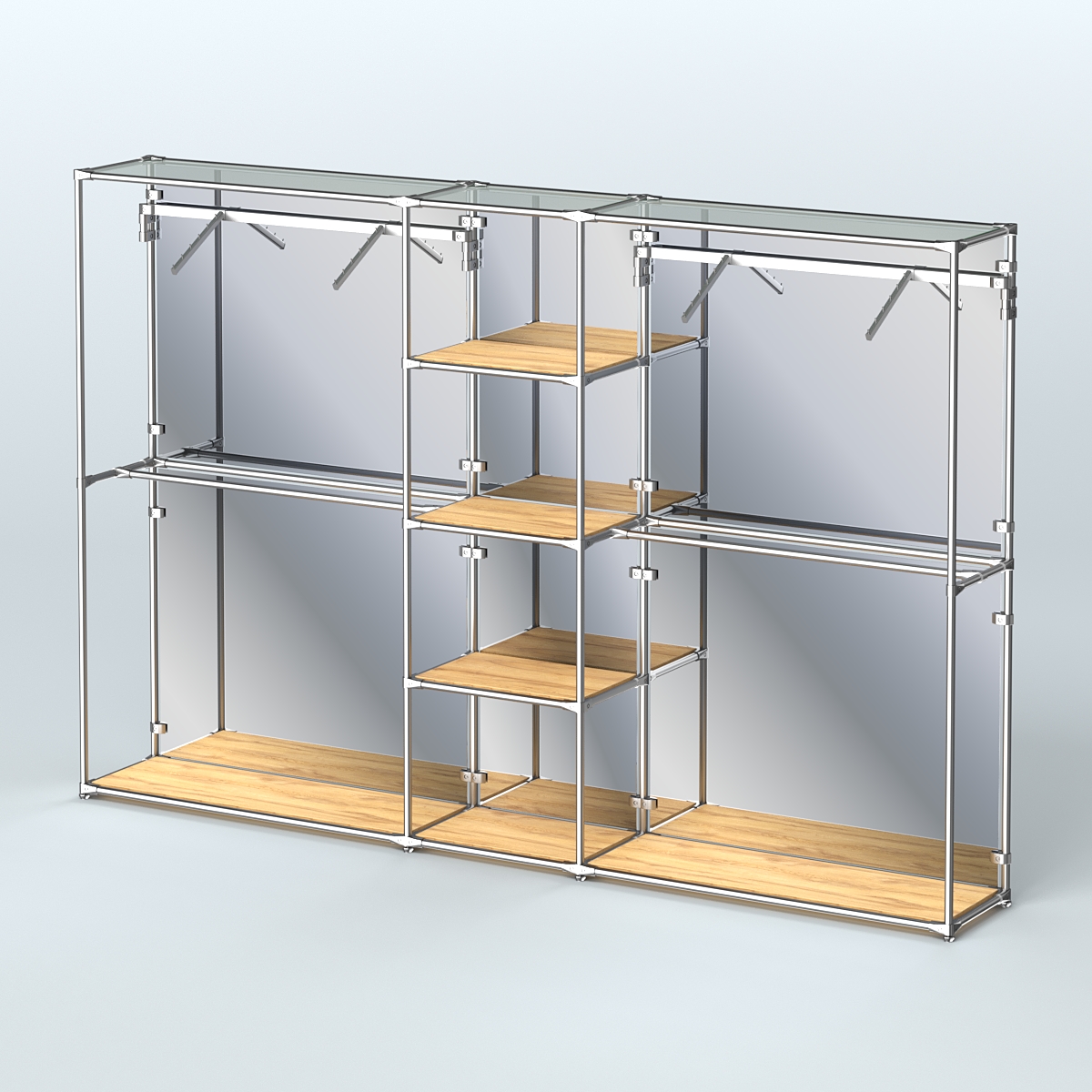 Торговая система ХРОМ (задняя стенка - зеркало) 3030 мм с полками ДСП и поручнями №12 Дуб Золотистый