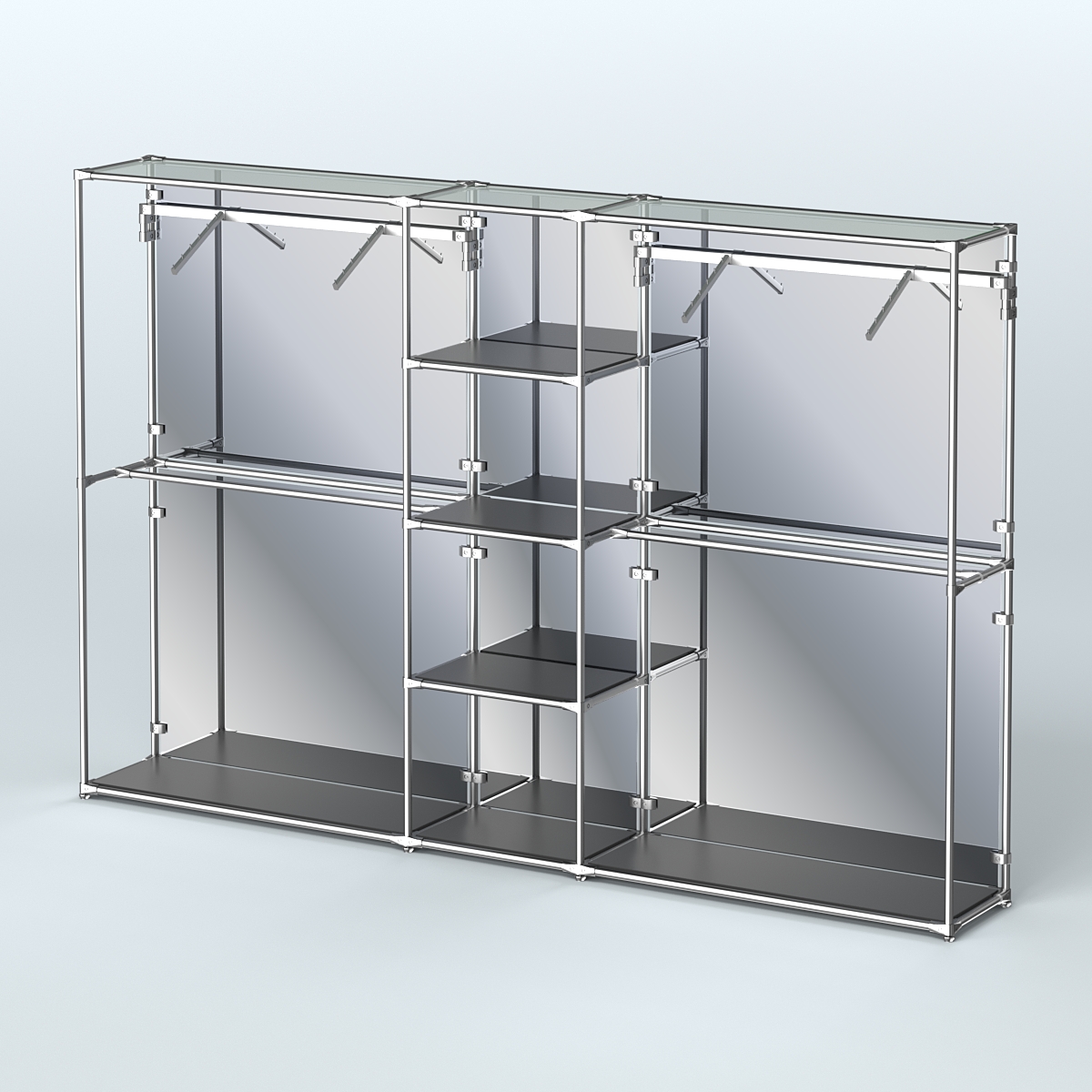 Торговая система ХРОМ (задняя стенка - зеркало) 3030 мм с полками ДСП и поручнями №12 Черный