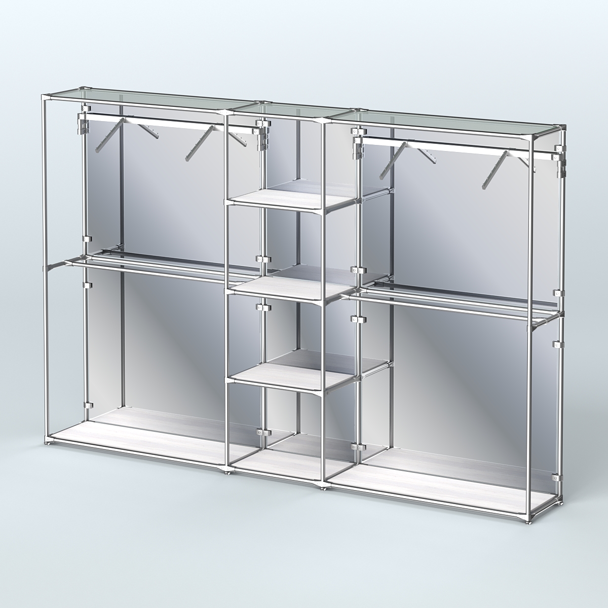 Торговая система ХРОМ (задняя стенка - зеркало) 3030 мм с полками ДСП и поручнями №12 Ясень Анкор светлый