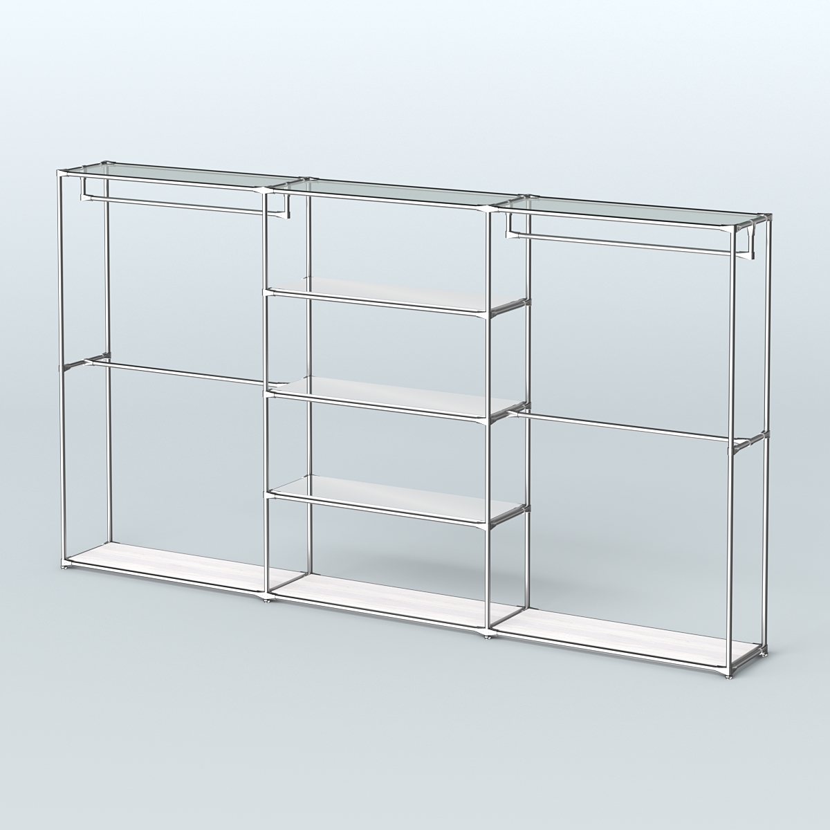 Торговая система ХРОМ без ДСП 3600 мм с зеркальными полками и поручнями №2 Ясень Анкор светлый