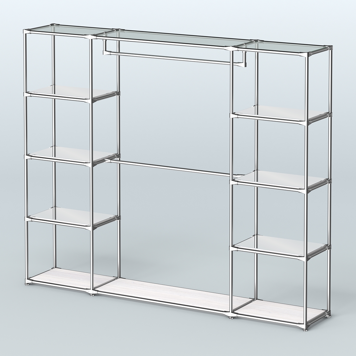 Торговая система ХРОМ без ДСП 2430 мм с зеркальными полками и поручнями №3 Ясень Анкор светлый