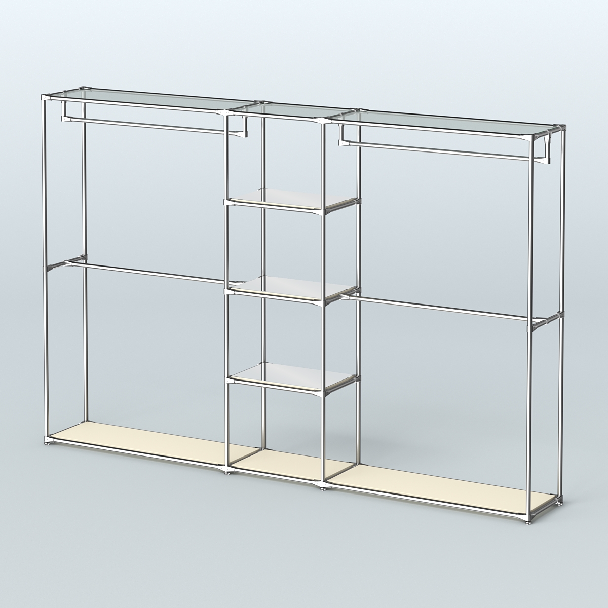 Торговая система ХРОМ без ДСП 3030 мм с зеркальными полками и поручнями №4 Крем Вайс