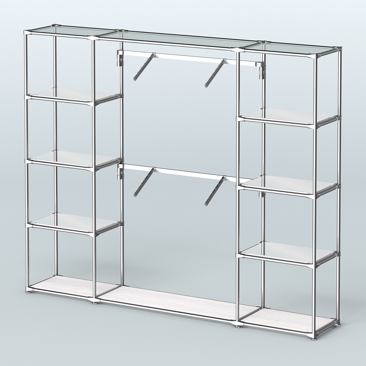 Торговая система ХРОМ без ДСП 2430 мм с зеркальными полками и поручнями №7 Ясень Анкор светлый