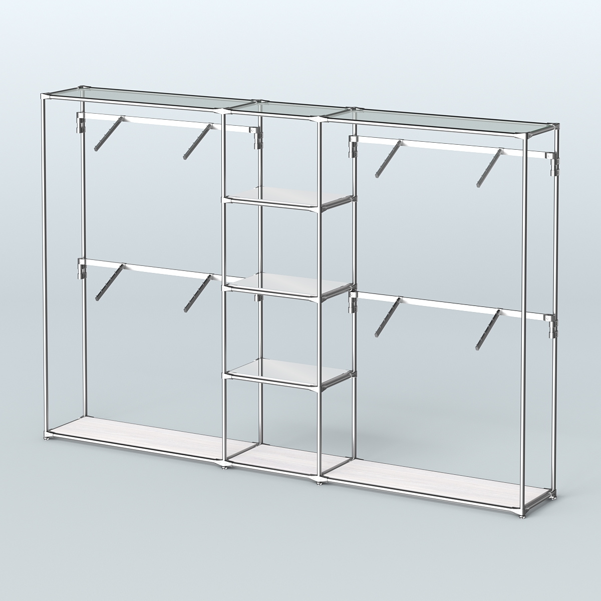 Торговая система ХРОМ без ДСП 3030 мм с зеркальными полками и поручнями №8 Ясень Анкор светлый