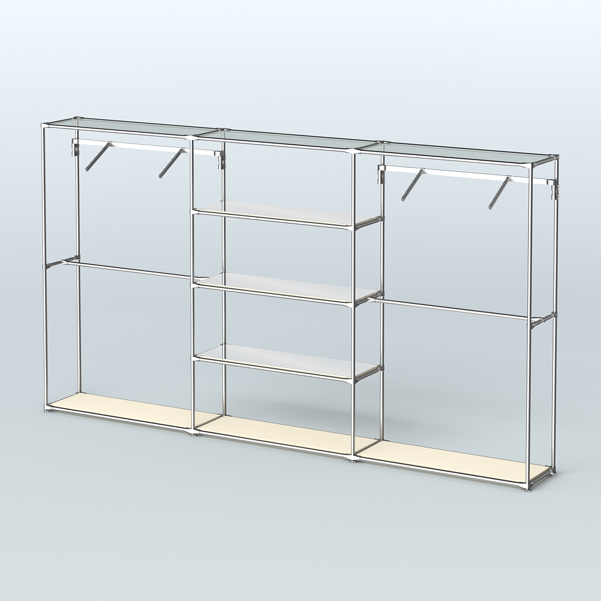 Торговая система ХРОМ без ДСП 3600 мм с зеркальными полками и поручнями №10 Крем Вайс