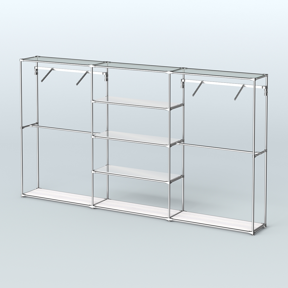 Торговая система ХРОМ без ДСП 3600 мм с зеркальными полками и поручнями №10 Ясень Анкор светлый