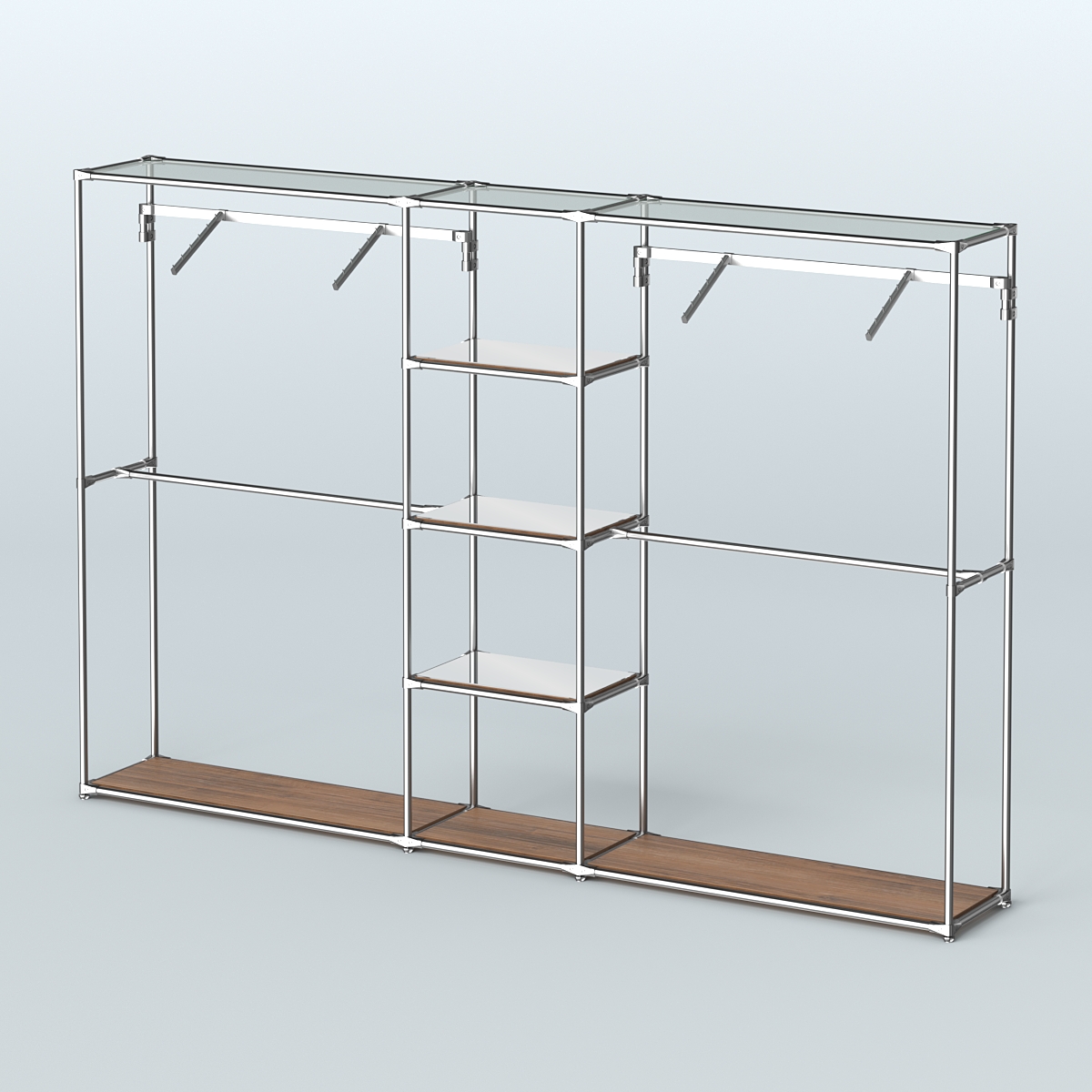 Торговая система ХРОМ без ДСП 3030 мм с зеркальными полками и поручнями №12 Орех