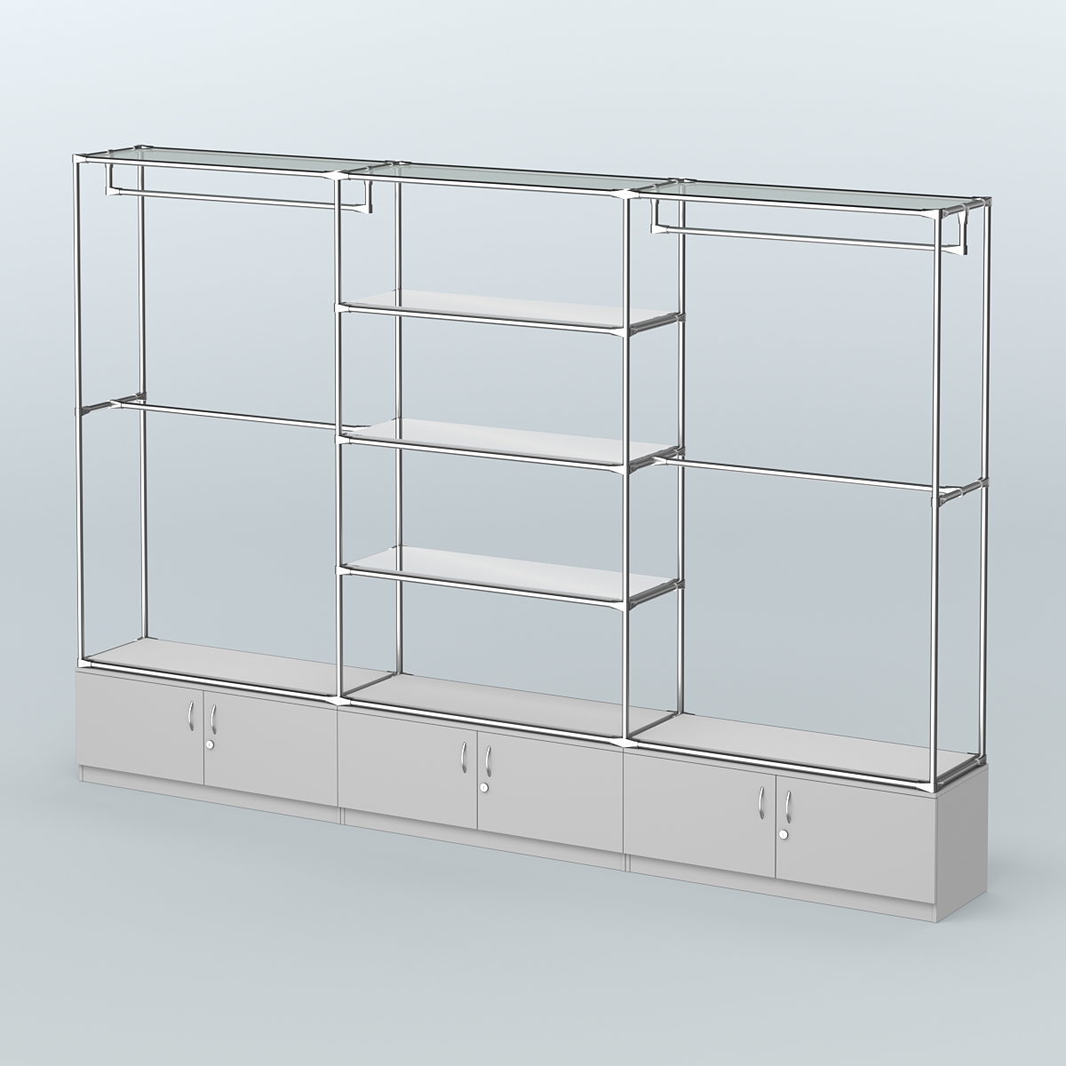 Торговая система ХРОМ без ДСП 3600 мм с тумбами Т21, зеркальными полками и поручнями №2 Серый