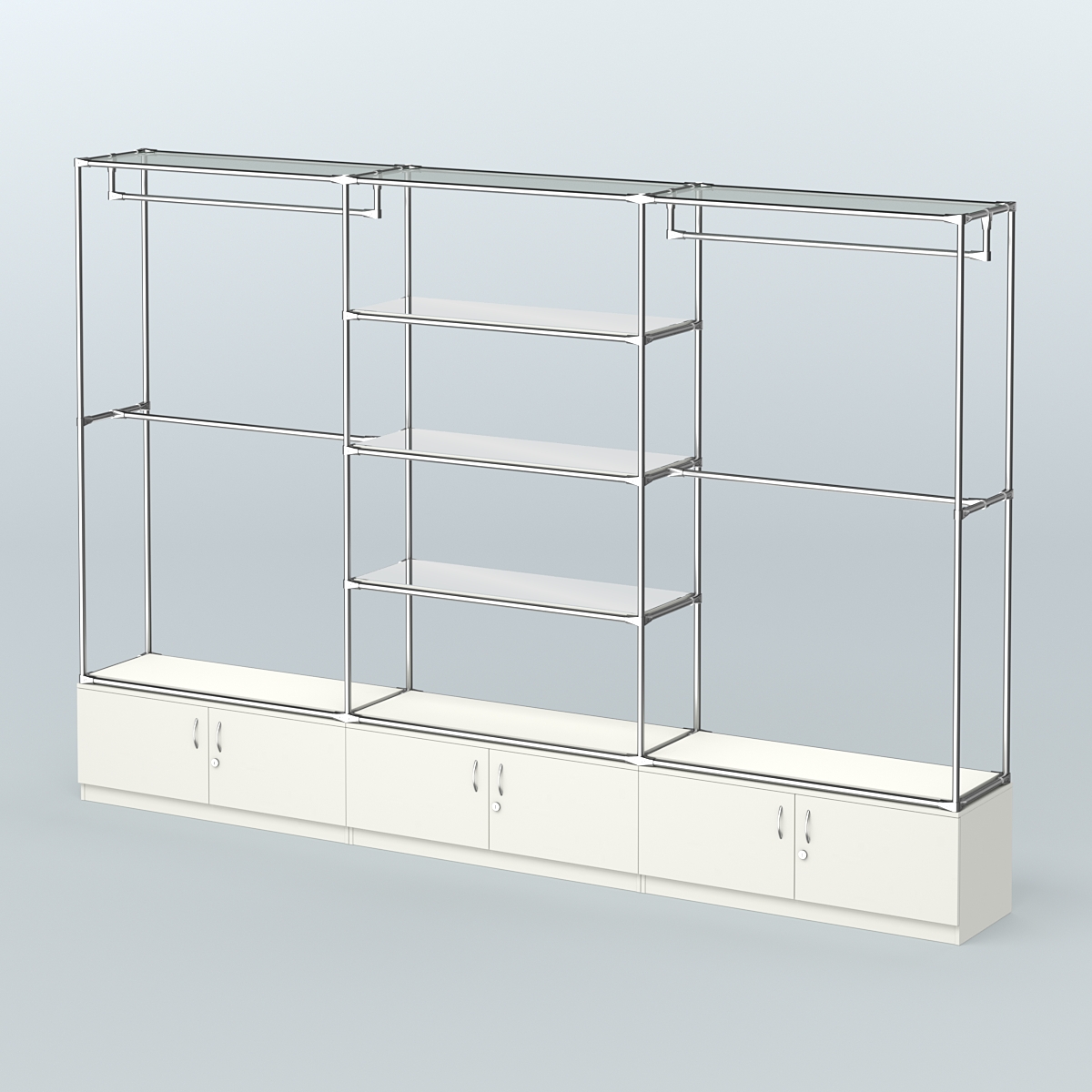 Торговая система ХРОМ без ДСП 3600 мм с тумбами Т21, зеркальными полками и поручнями №2 Белый