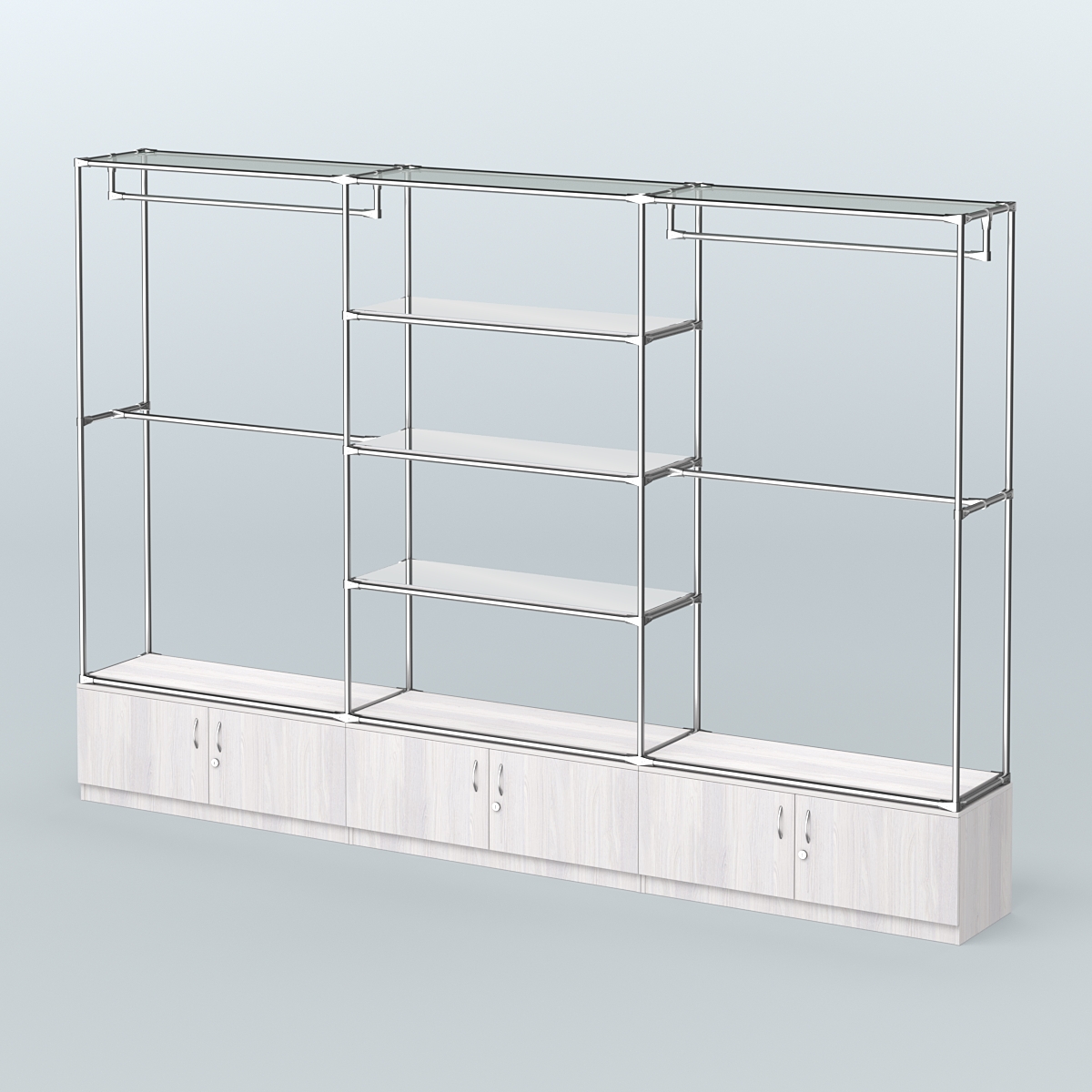 Торговая система ХРОМ без ДСП 3600 мм с тумбами Т21, зеркальными полками и поручнями №2 Ясень Анкор светлый